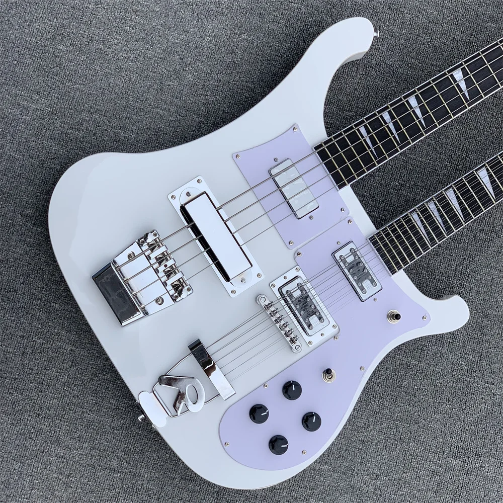 

Double Neck 12+4 Strings White body Electric Guitar and Bass with Chrome hardware,White Pickguard,Body binding,can be customized