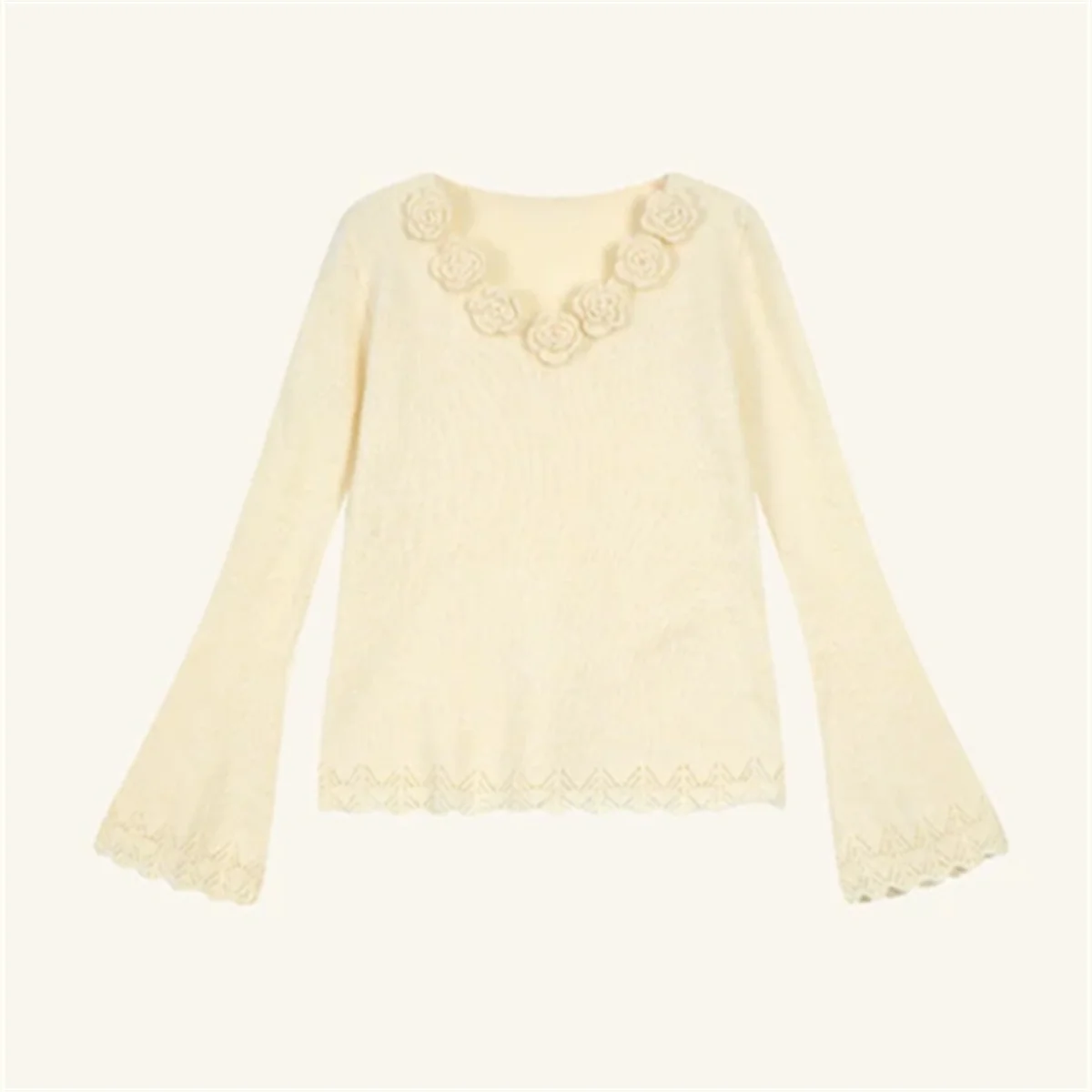 Korean Series Christmas Red V-neck Flower Sweater Women Autumn and Winter Inner wear Top Unique Chic Slim fit Bell Sleeve Knit