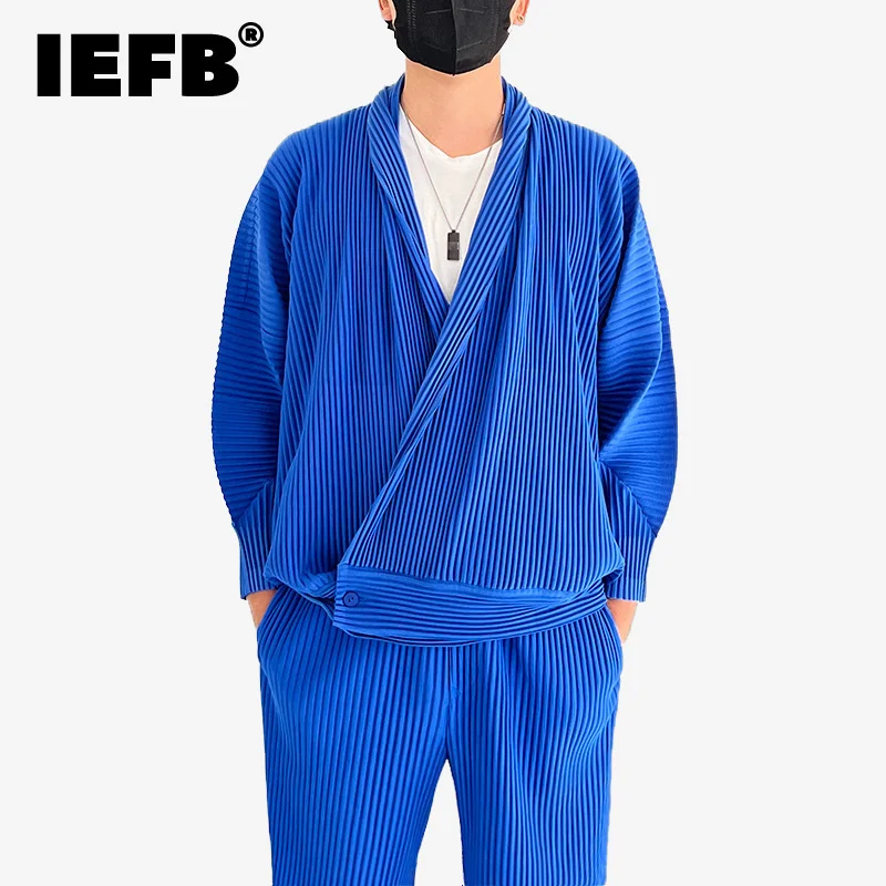 

IEFB Men's Jacket Autumn 2023 New Fashion Shawl Collar Loose Solid Color Pleasted Short Coat Male New Fashion Button Top 9A6136