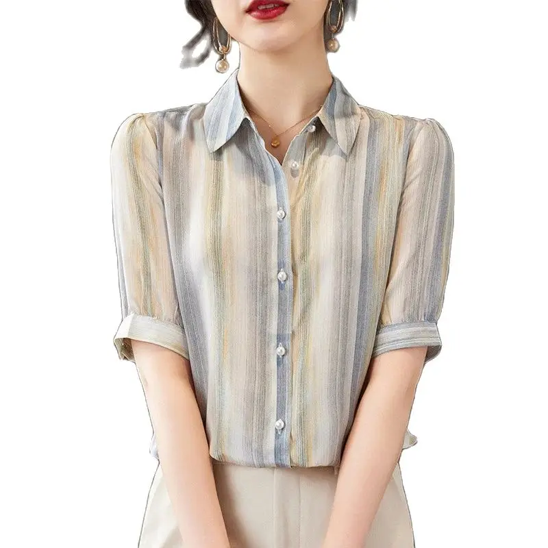 Элегантная рубашка BirdTree из 100% натурального шелка Женская Полосатая Рубашка С