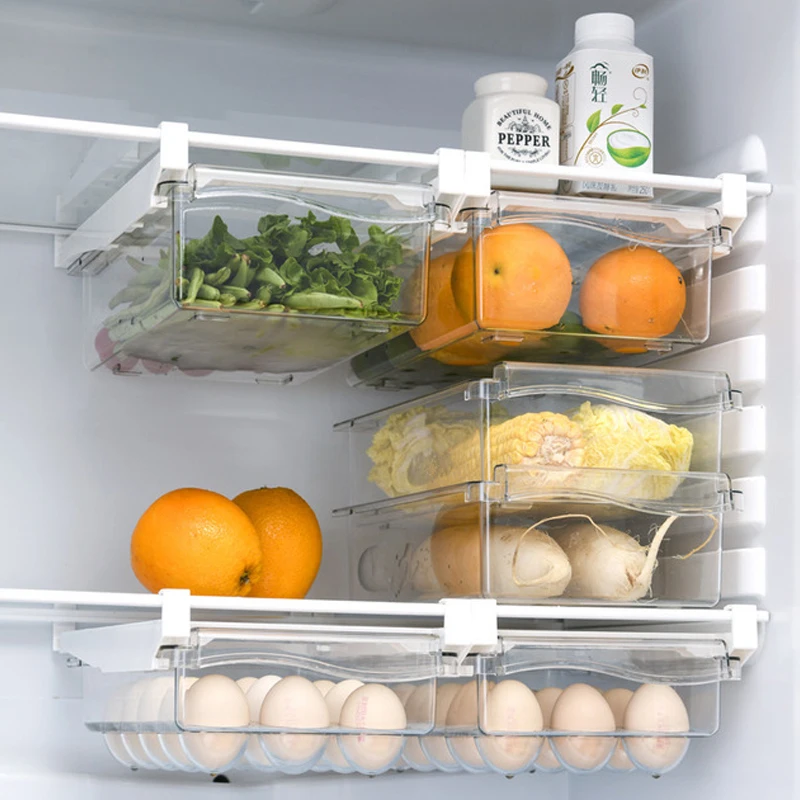 

Kitchen Portable Clear Fridge Organizer Slide Under Shelf Drawer Box Rack Holder Refrigerator Drawer Fruit Food Storage Box