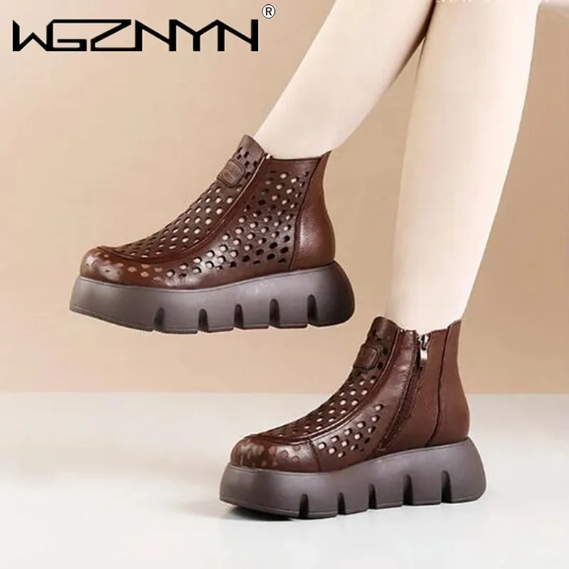 

Fashion Women Boots Summer Hollow Out Breathable Platform Ankle Boots For Women Genuine Leather Wedges Heel Shoes Retro Boots