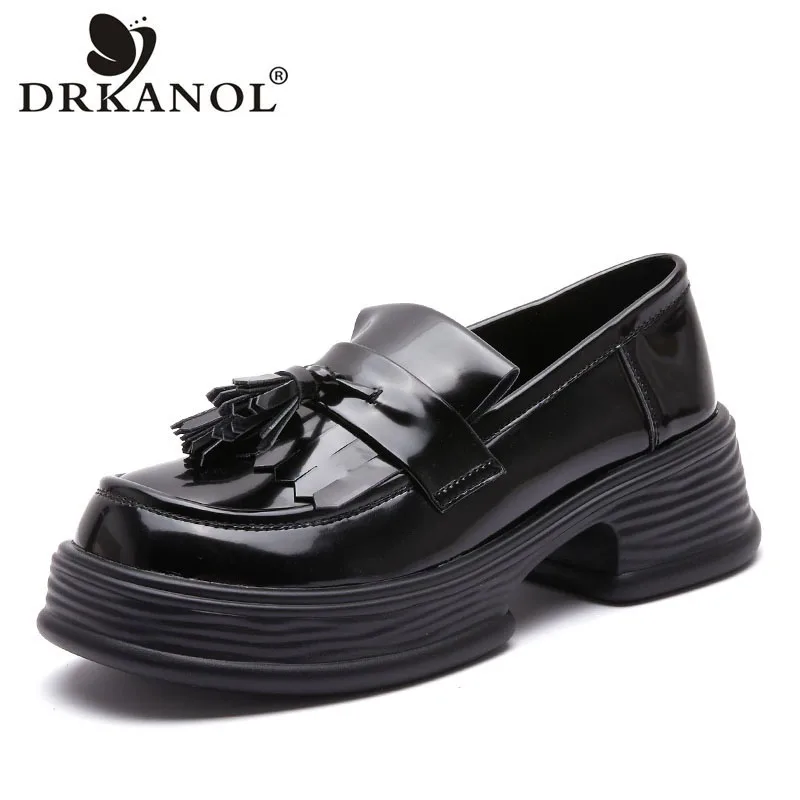 

Модные Лоферы DRKANOL без шнуровки, женские туфли на толстом высоком каблуке с бахромой, Женская Повседневная Студенческая обувь из натуральной кожи на массивной платформе