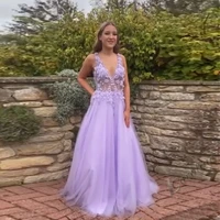 caroline purple tulle evening dress v neck flower appliques beading sleeveless a line pleats tiered prom gowns party custom made