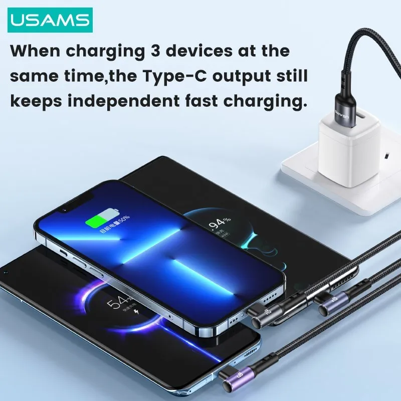 USAMS 66W 3 In 1 Right Angle Elbow Game Cable For iPhone iPad MacBook Quick Charging Data Cable For Huawei Xiaomi Samsung OPPO