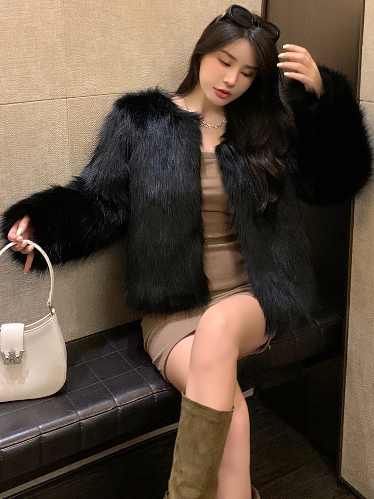 PERHAPS U Women Elegant Winter Fox Fur Faux Fur Leather O-Neck Double-faced Fur Single Breasted Wide-waisted Coat Outwear C3984
