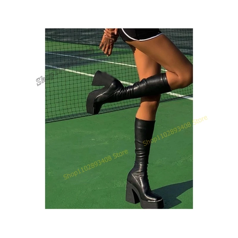 

Black Color Platform Mid Calf Boots Solid Square Toe Chunky Heel Slip on Women Shoes 2023 Fashion Sexy Zapatos Para Mujere