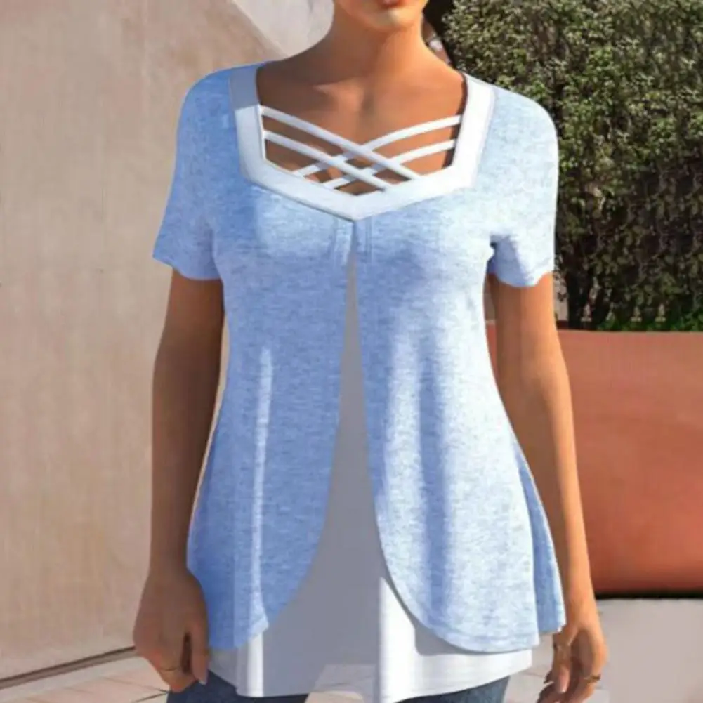 

Summer Shirt Cross Straps Square Collar Short Sleeve Women T-shirt Fake Two Pieces Patchwork Color Pullover Top Streetwear