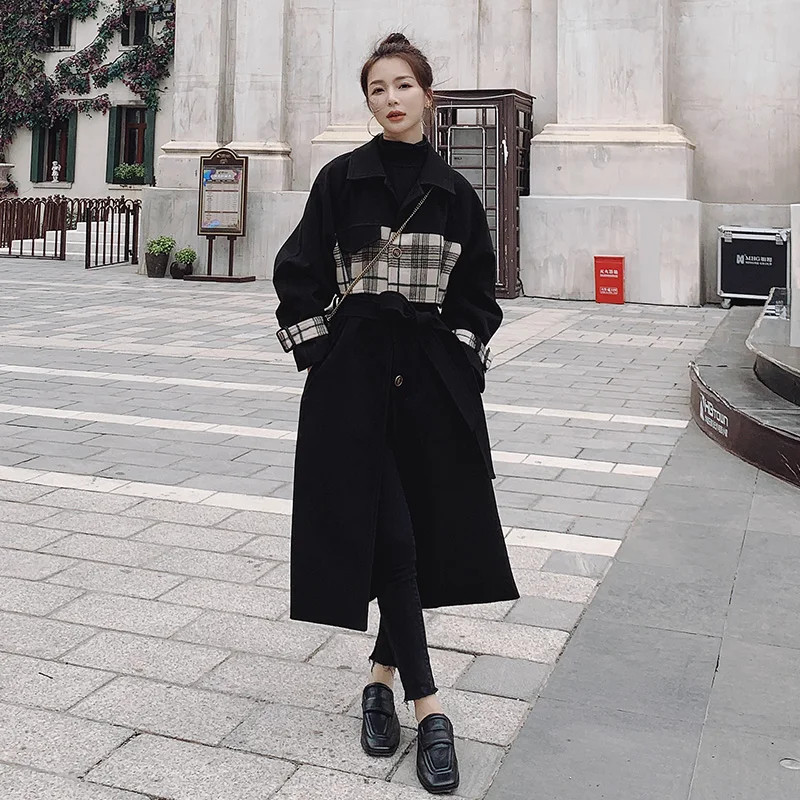 

Women's Woolen Coat Winter Long Black Lattice Stitching Loose Fashion Jacket Female Korean Casual Retro Thickening Ladies Cloak