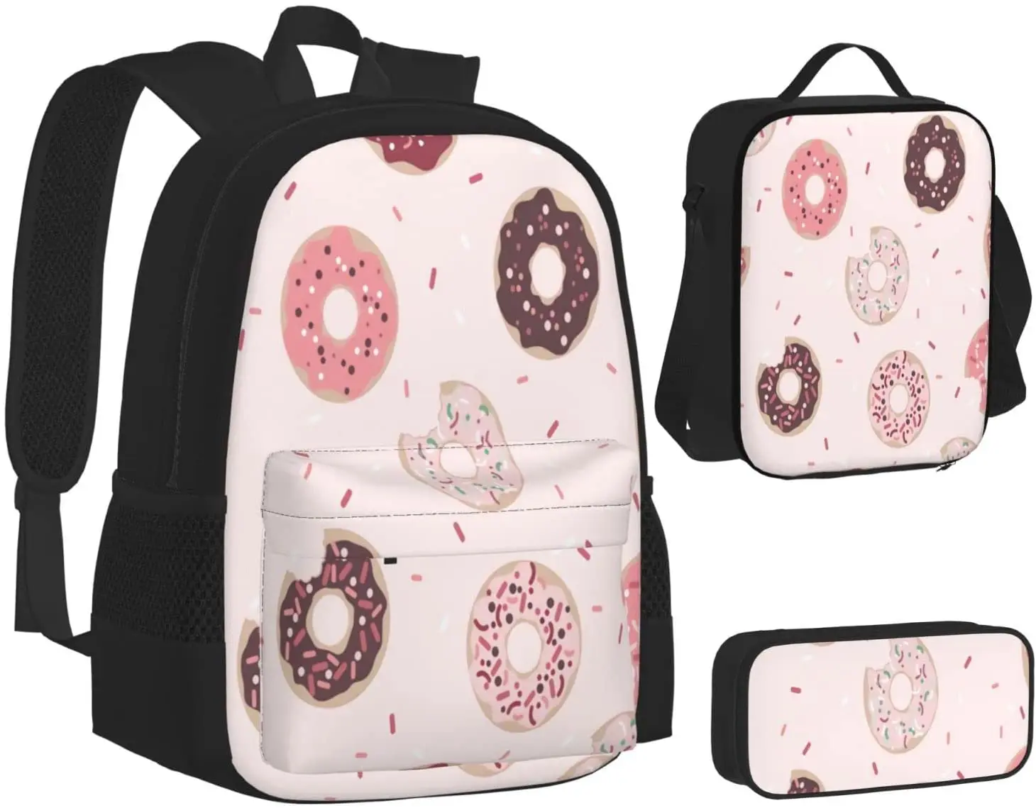 Kid School Backpack Kawaii Sweet Donuts Schoolbag Travel Bag Casual Daypack Lunch Bag Pencil Case for Boys Teens Girls 3pcs Sets