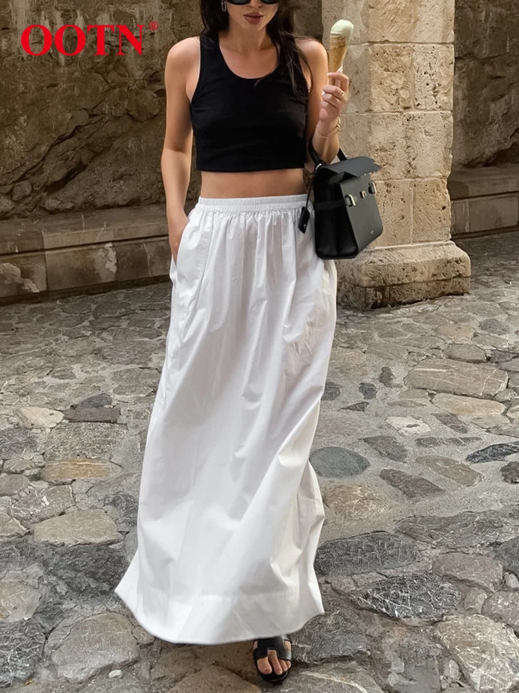 

OOTN Elegant White Long Elastic Waist Skirts Women Street Chic Loose A Line Skirts Female Casual Cotton Floor-Length Skirt 2023