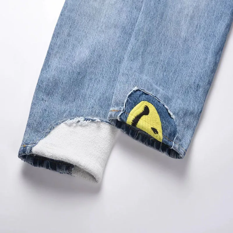 Hip Hop High Street Jeans Patchwork Smiley Patch Cowboy Trousers Men Women Casual Vintage Make Old Personality Jeans