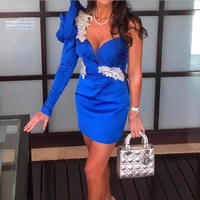 royal blue one shoulder prom dress beaded sequin appliqu%c3%a9 ruffle cropped cocktail party dress