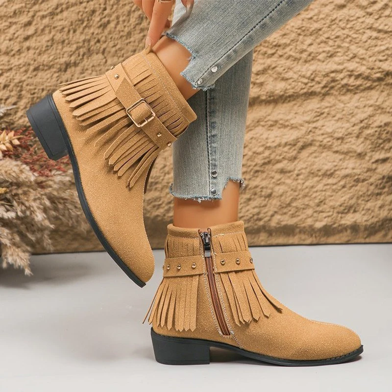 Desigenr/женские ботильоны с бахромой обувь на массивном кожаном каблуке острым
