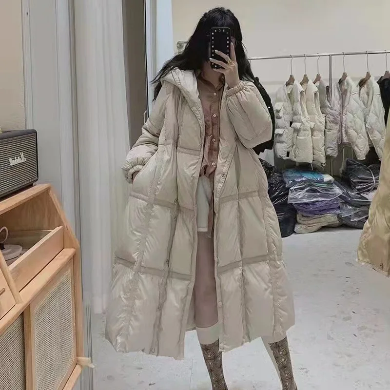 

Plus size women's down jacket fashion loose hooded long over-the-knee winter single-breasted white duck down jacket