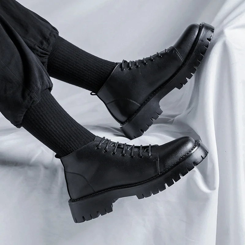Brand Platform Black High Top Boots WMen High Heel Genuine Leather Ankle Chelsea Boots Men Punk Shoe Thick Bottom Botas De Mujer