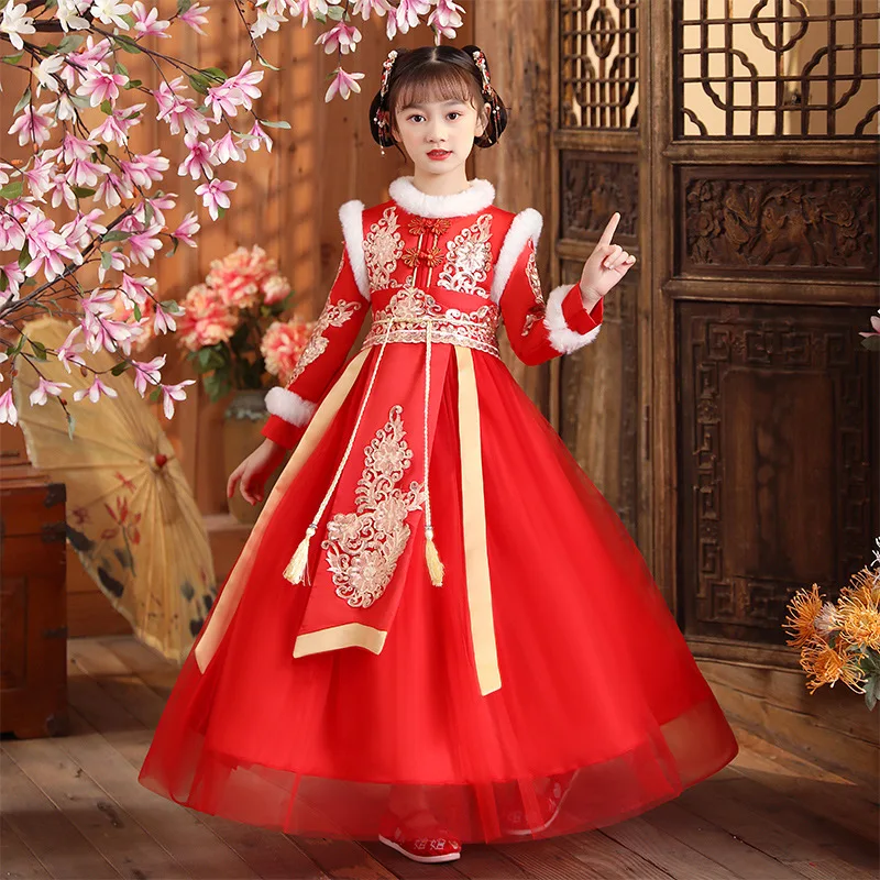 Chinese New Year Clothes for Kids Winter Clothes Thick Children Ancient Dresses Chinese Tang Dress Hanfu 4-14y Girl Cheongsam