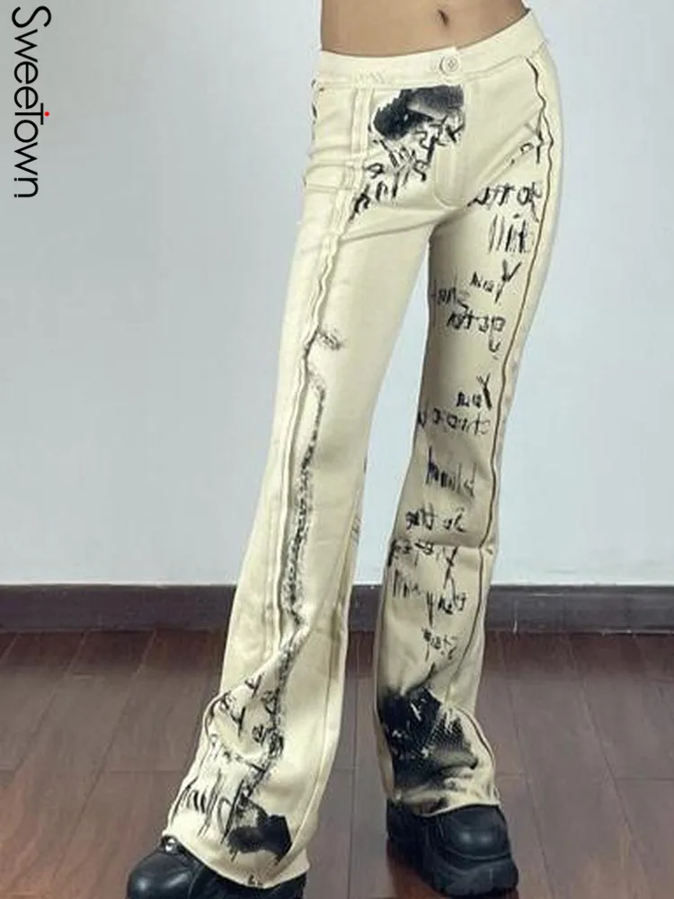 

Sweetown Abstract Print Low Waist Flared Jeans Grunge Spliced Design Y2K Denim Pants Women Slim Streetwear Chic Bottoms 2022 New