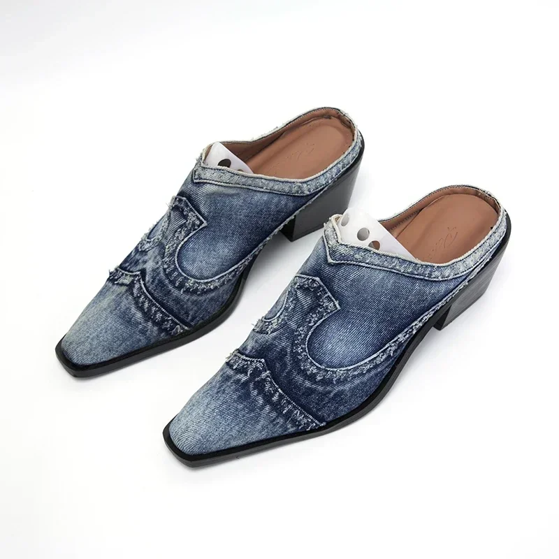 2024 Новые джинсовые тапочки для женщин. Толстые каблуки внешней одежды. Сандалии