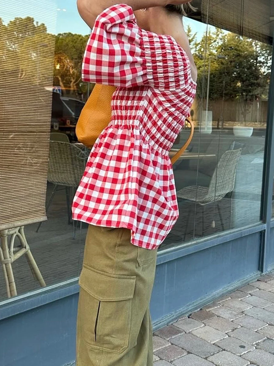 Женский клетчатый укороченный Топ без бретелек с рукавами-фонариками