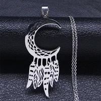 crescent moon ethnic dream catcher feather necklace boho stainless steel hollow dreamcatcher necklaces retro jewelry n4633s04