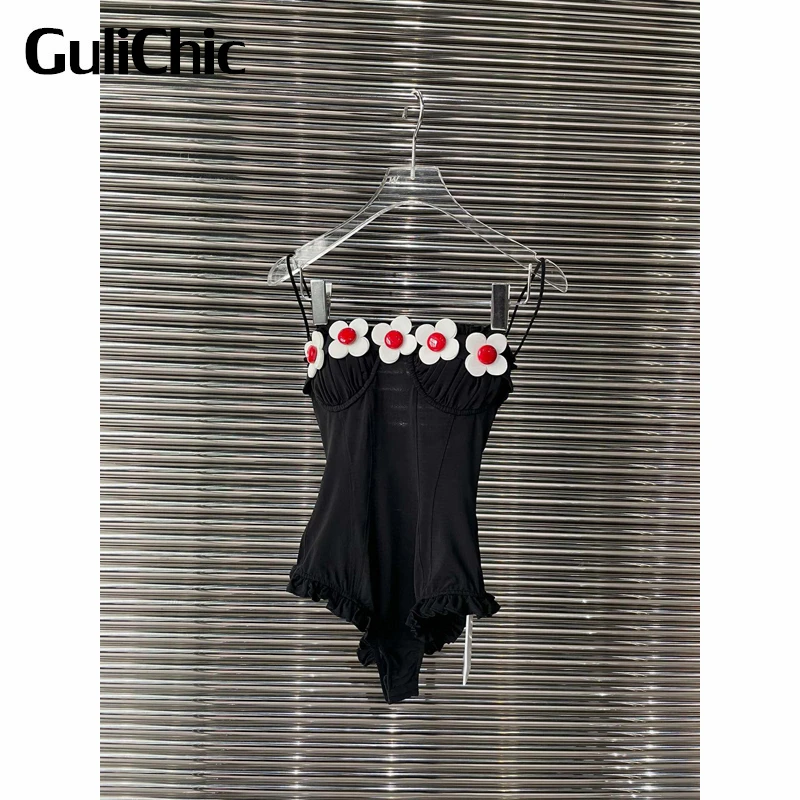 

3,25 GuliChic модное цветочное украшение с оборками на подоле тонкий сексуальный боди с открытой спиной майка для женщин