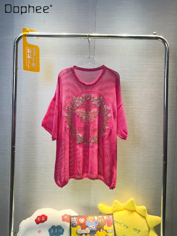 

Fashion Brand Butterfly Rhinestone Round Neck Knitted T-shirt Female 2023 Summer New Thin Mid Sleeve Knitwear Women's Top
