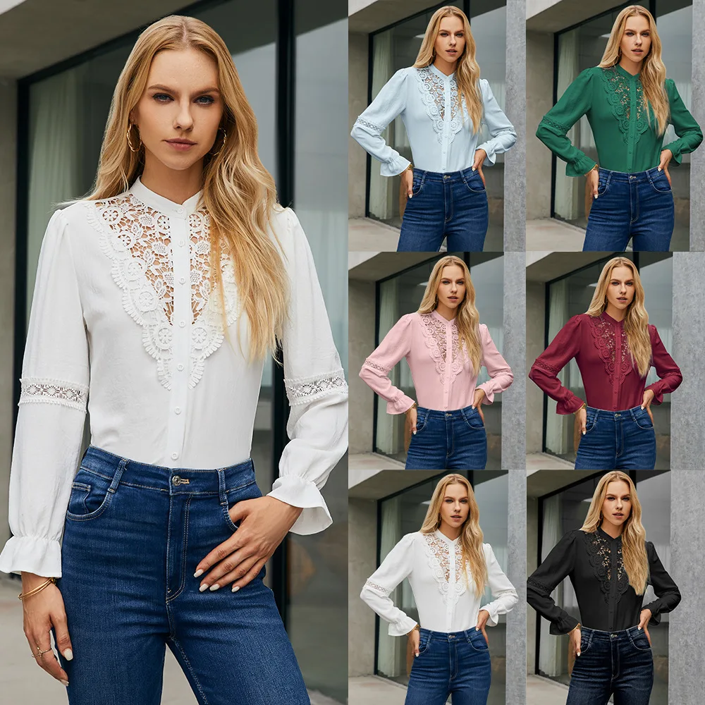 

Women Lace Hollow Out Slim Shirt Top Fashion Casual Y2K Long Sleeve O Neck Single Breasted Blouse