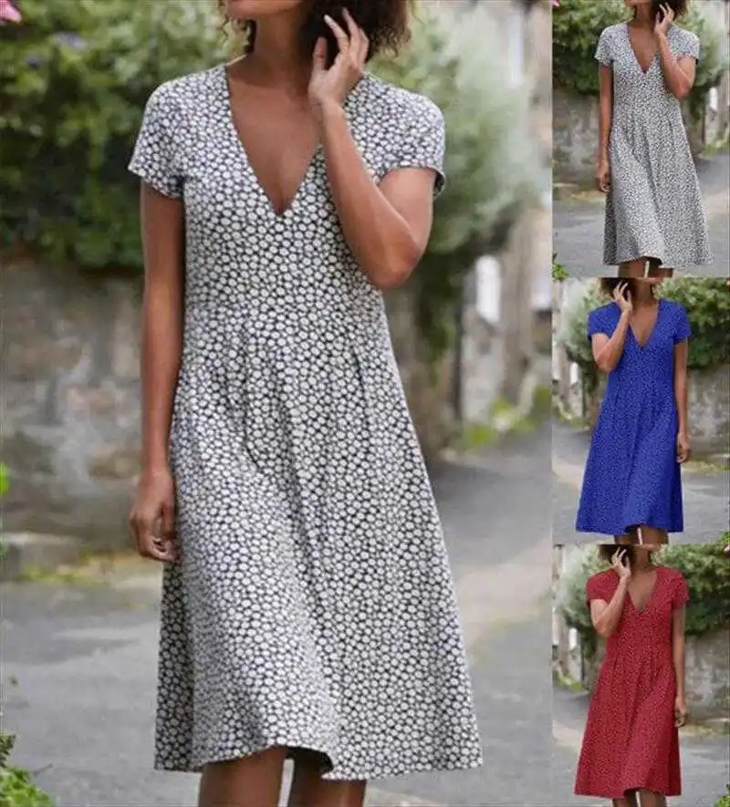

Summer Printed Short Sleeved V Neck Dress Polka Dot Womens Midi