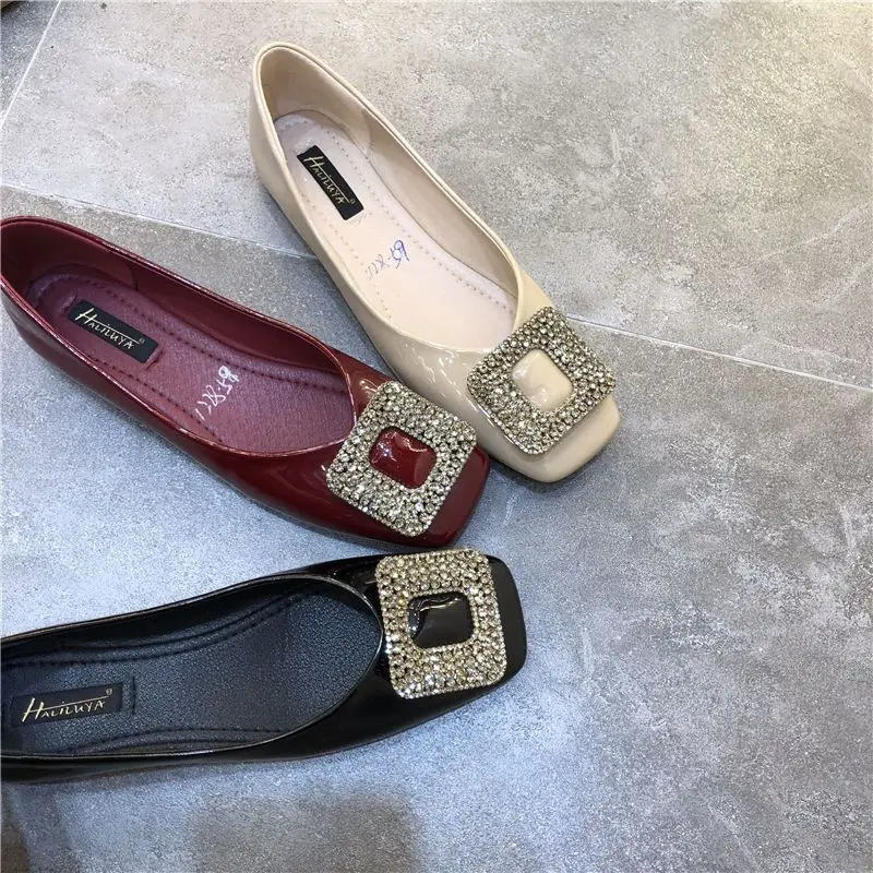 Square Toe Flat Shoes Women Shallow Mouth Patent Leather Rhinestone Square Buckle  Ladies Shoes Spring 2023 New Zapatos De Muje