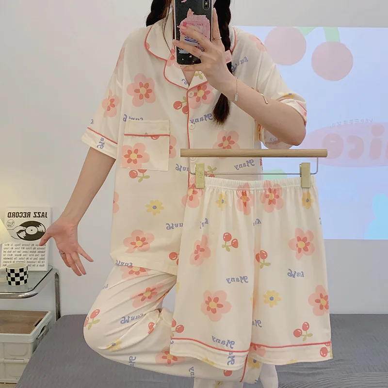 Summer Pajamas for Women's High-end Sense of Cardigan Short-sleeved Three-piece Suit Casual Home Service with Turn-over Collar