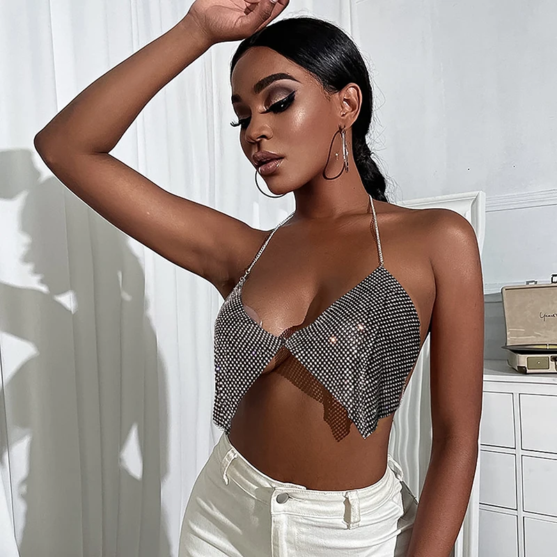 

Sexy Backless Metal Chain Rhinestone Tank Top Deep V Hollow Out Handmade Crystal Diamonds Vest Nightclub Clothing
