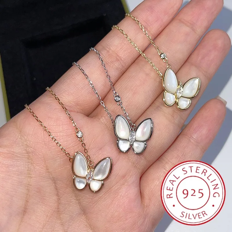 

European Top Jewelry High Quality 925 Sterling Silver White Shell Shining Butterfly Necklace Ladies Fashion Brand Light Luxury