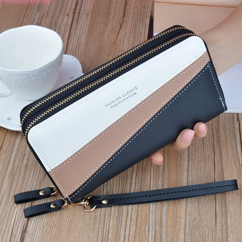 

Double Zipper Hand Holding Ladies Wallet Female Long Large capacity Double Layer Stitching Contrast Color Change Mobile Phon Bag