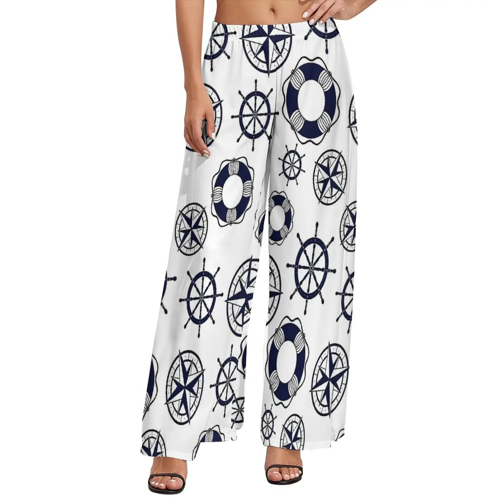 Брюки с якорем морские темно-синие и белые корейские модные прямые широкие брюки