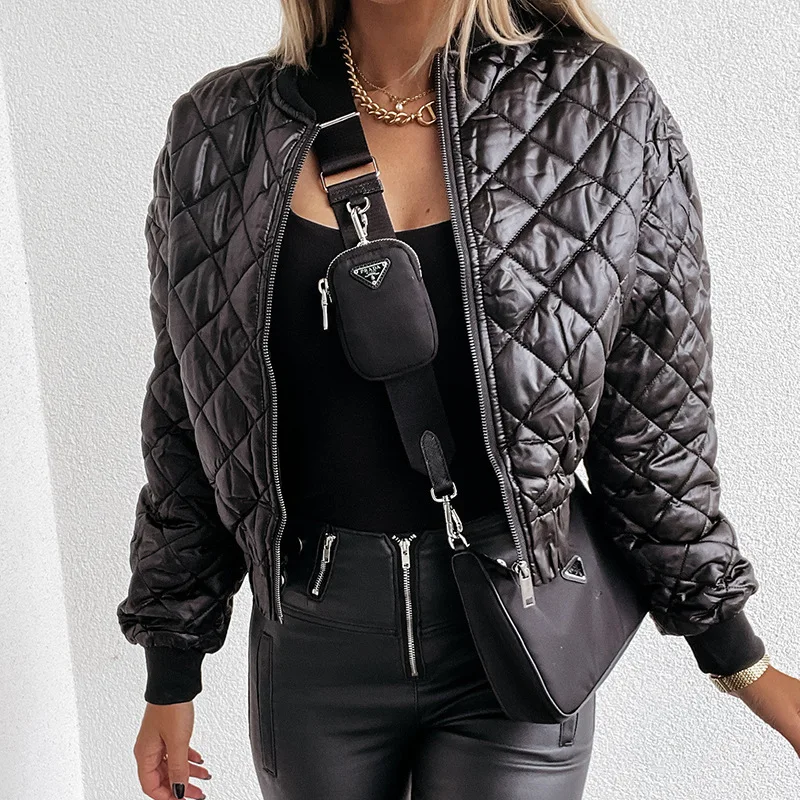 Women's Winter Jacket Argyle Pattern Short Parkas 2022 Female Warm Outerwear Stand Collar Zip Down Jacket Quilted Coats Black