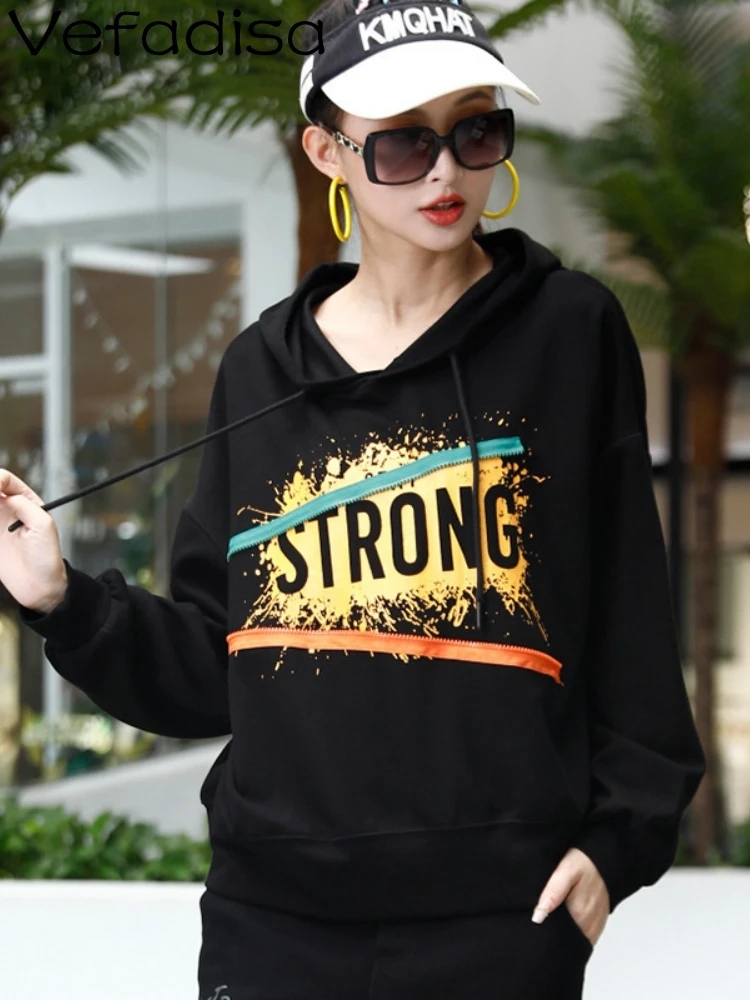 

Vefadisa New Women Long Sleeves Hooded Sweatshirt Loose Letter Printing Cotton Age Reduction Sweatshirt Black 2023 AutumnLHX1796