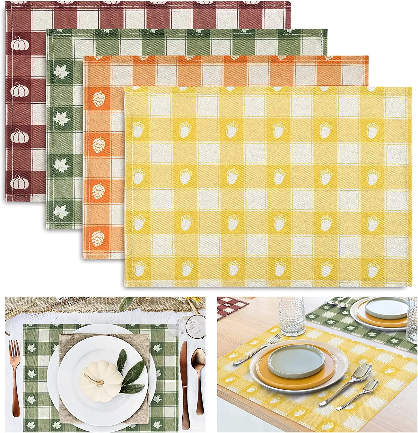 

Whaline Fall Plaid Placemats Table Mats Pumpkin Autumn Leaves Acorn Patterned Table Mats 12x18 Inch Waterproof Fabric Placemat