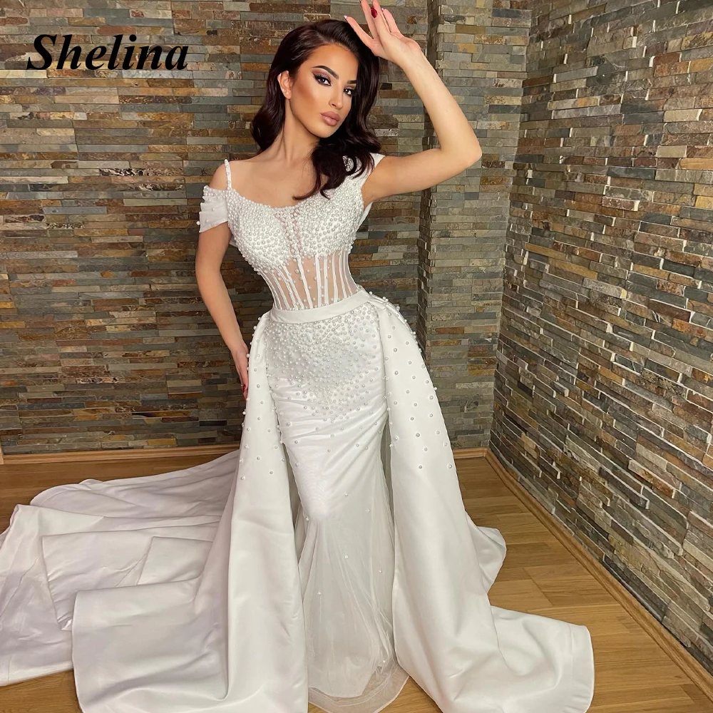 

Shelina Honrable Scoop Prom Dress Pearls Spaghetti Straps Satin Pleat Belt Court Train Mermaid Vestido De Noche Personalised
