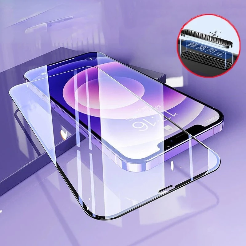 

Anti Blue Light Film With Dust Net Full Screen Tempered Glass Film for iPhone 13 12 11 Pro Max X XR XS Max SE2 8 Bluelight Glas