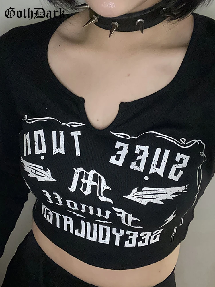 

Goth Dark Grunge Aesthetic Punk Black Women Crop Tops Mall Gothic Graphic Print Long Sleeve T-shirts Ribbed Fashion Alt Clothing