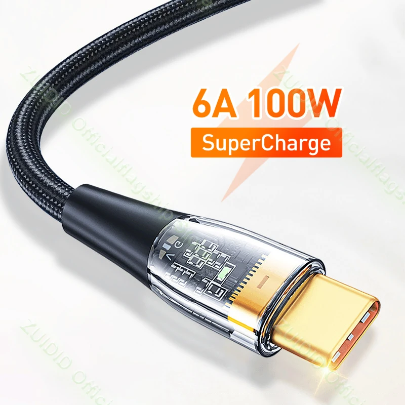 

6A USB Type C Cable For Huawei P30 P40 Pro 66W Fast Charging Wire Transparent USB-C QC3.0 Charger Data Cord For Xiaomi Poco 1/2m
