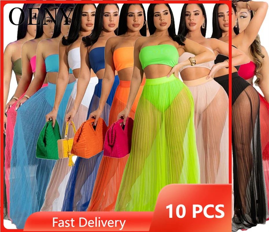 

Summer Sexy 2 Piece Set Solid Color Wrap Chest Top with Underwear Mesh Pleated Transparent Skirt Wholesale Items Bulk Lots O9151