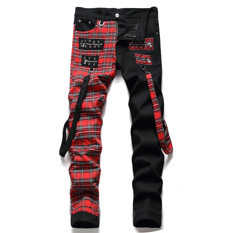 

Новые модные красные клетчатые Лоскутные мужские брюки на молнии в стиле панк с пряжкой в стиле хип-хоп, готические облегающие джинсовые бр...