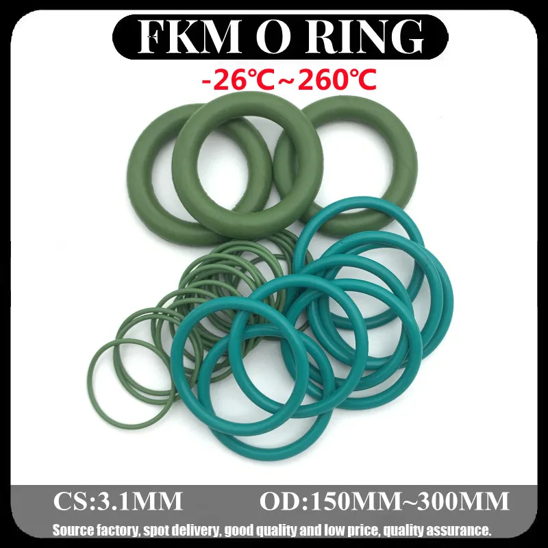

5Pcs FKM Fluorine Rubber O Ring Sealing Gasket Thickness CS 3.1mm OD 150~ 300mm Insulation Oil High Temperature Resistance Green