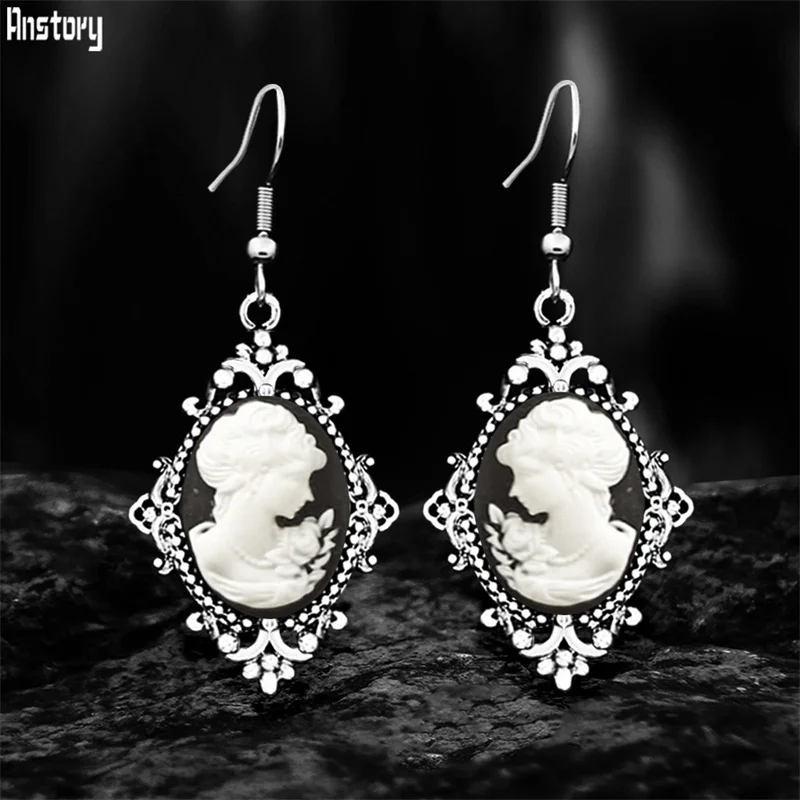 

6 Colors Vintage Lady Queen Cameo Dangle Earrings For Women Antqiue Silver Plated Stainless Steel Hook Flower Pendant Earring