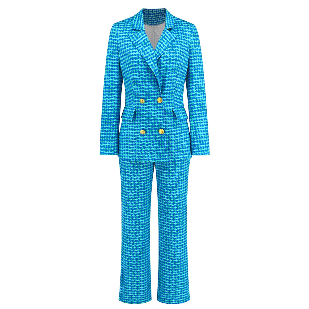 

2023 Autumn and Winter Women's New Houndstooth Double-breasted Suit Jacket + Slim Straight Trousers Suit Suit Костюм Женский