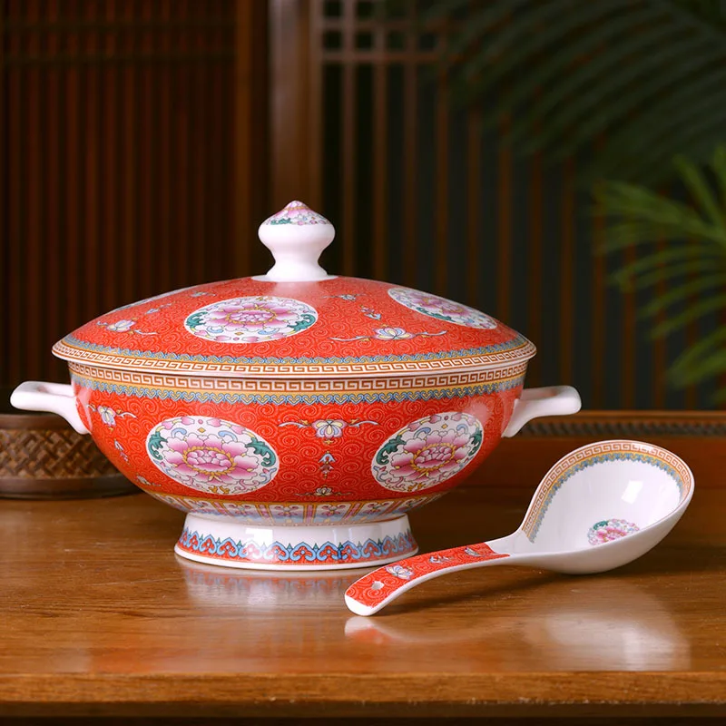 

Ceramic Jingdezhen large capacity with cover double ear Chinese Bone China pot antique tableware soup bowl