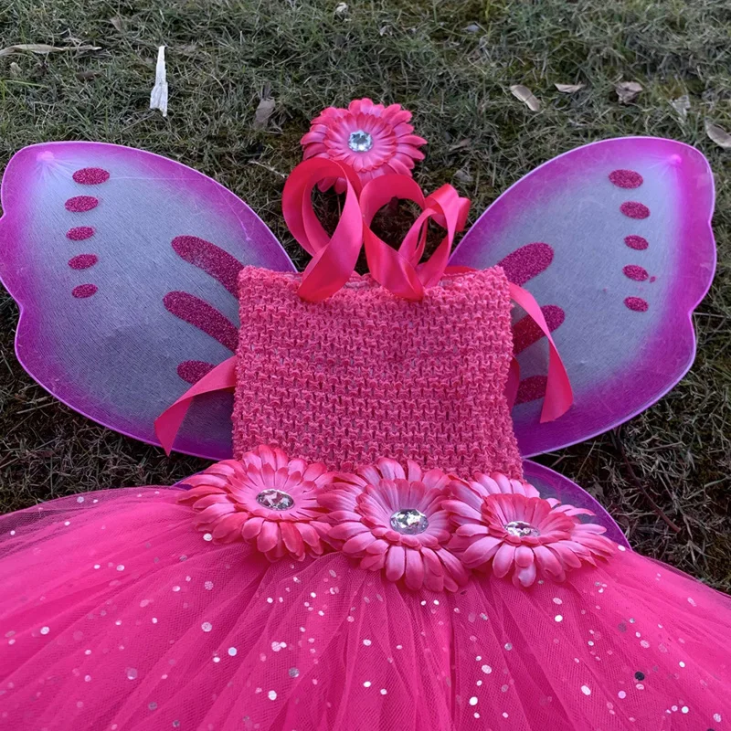 Розовое блестящее Тюлевое платье-бабочка для маленьких девочек женское платье