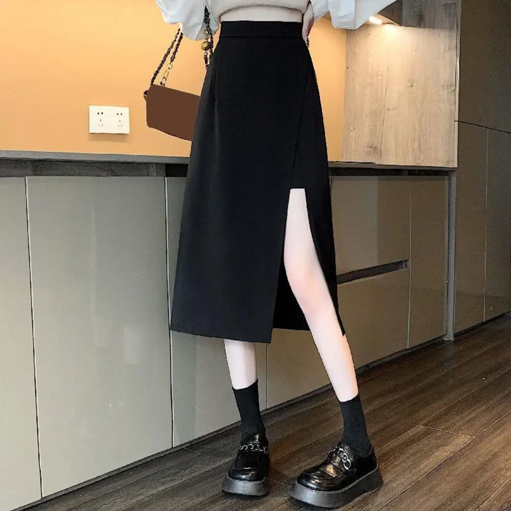 

Women Skirt A-Line Hip Wrapped Midi Skirt High Waist Side Split Hem Office Lady Long Skirt